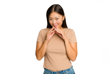 Young Asian woman isolated on green chroma background making up plan in mind, setting up an idea.
