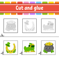 Fototapeta premium Cut and glue. Game for kids. Education developing worksheet. Color activity page. cartoon character. St. Patrick's day.