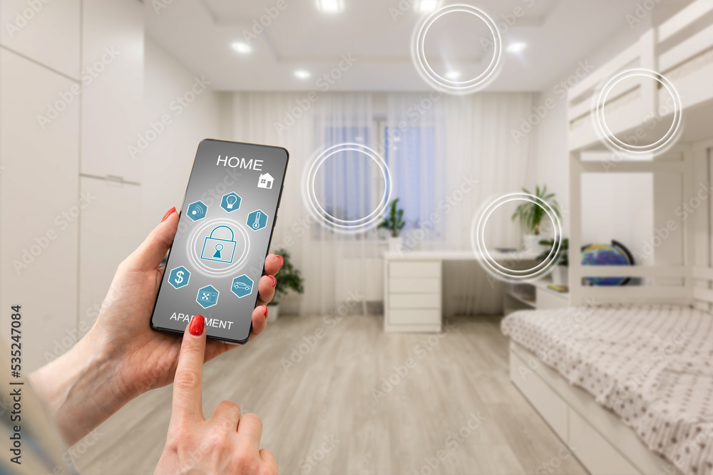 Poster controlling home heating temperature with a smart home, close-up on phone. concept of a smart home a