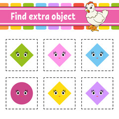 Find extra object. Educational activity worksheet for kids and toddlers. Game for children. Cute characters. Vector illustration.