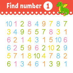 Fototapeta na wymiar Find number. Education developing worksheet. Activity page with pictures. Game for children. Funny character. cartoon style. Vector illustration.