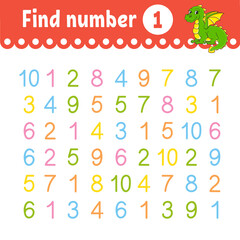 Find number. Education developing worksheet. Activity page with pictures. Game for children. Funny character. cartoon style. Vector illustration.