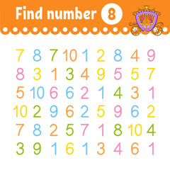 Find number. Education developing worksheet. Activity page with pictures. Game for children. Funny character. cartoon style. Vector illustration.