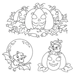 Pumpkin, candy, bat, cat. Halloween theme. Coloring book page for kids. Cartoon style. Vector illustration isolated on white background.