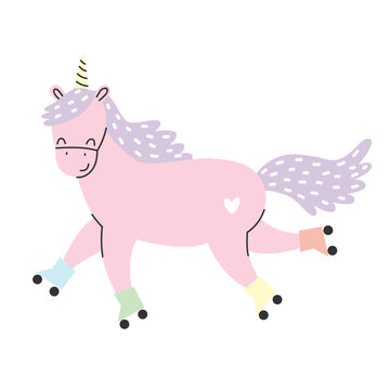 Cute pink unicorn roller skating. Vector illustration on white background