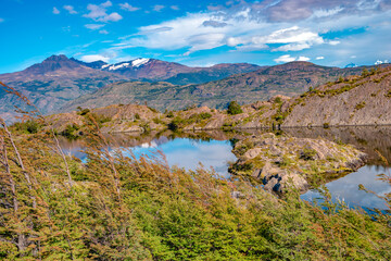 Naklejka na ściany i meble Hiking trail towards Refugio Grey and Glacier Grey, surrounded by austral forests in Torres del Paine National Park, Patagonia, Chile, at sunny day and blue sky.