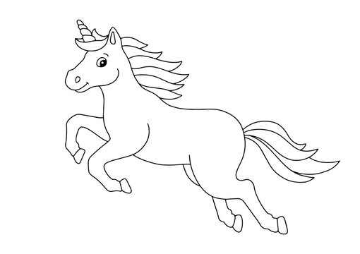 Fairytale jumping unicorn. Coloring book page for kids. Cartoon style character. Vector illustration isolated on white background.