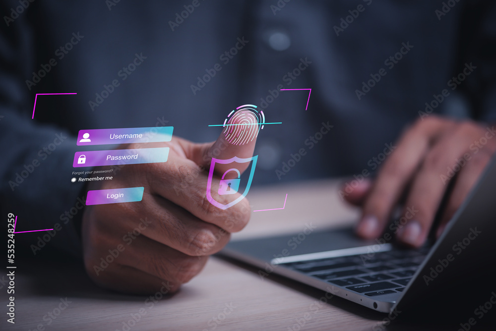 Fototapete businessman using finger print scan method to login access security system , man using finger scan technology login on virtual screen