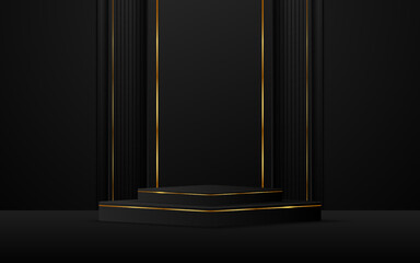 Black podium with elegant gold lines for product presentation. Cosmetic product display. vector illustration
