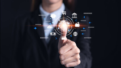 business women finger scan to access financial datasecurity system on screen , futuristic digital processing of biometric identification fingerprint scanner for access personal financial data