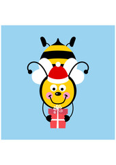 Funny illustration with cute Christmas bee holding a gift box