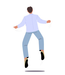 Happy Male Character Jump Back View, Celebrate Success, Victory, Sports Fan Or Businessman Adult Man In Casual Clothes