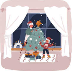Vector illustration of Happy new year and merry christmas. Kids decorating christmass tree