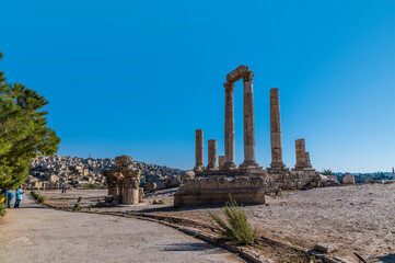 A view along a path past the Temple of Hercules in the citadel in Amman, Jordan in summertime