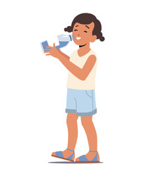 Baby Drinking Clean Water. Little Child Character With Glass In Hands Enjoying Fresh Aqua Drink, Healthy Refreshment