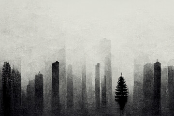 Black and white forest scene as background illustration in minimalism art style - obrazy, fototapety, plakaty