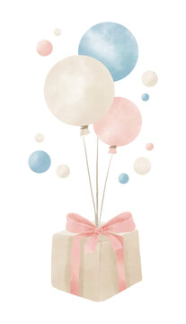 Gift Box with hot air Balloons. Watercolor hand drawn illustration with Present in cute pink and blue colors for baby Birthday card. Party sketch with giffbox