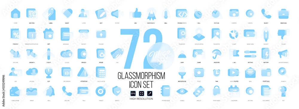 Fototapete mega set of vector icons in glass morphism modern trendy style. blue and transparency glass. 72 icon