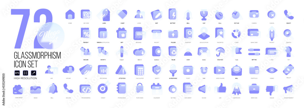 Fototapete mega set of vector icons in glass morphism modern trendy style. purple and transparency glass. 72 ic