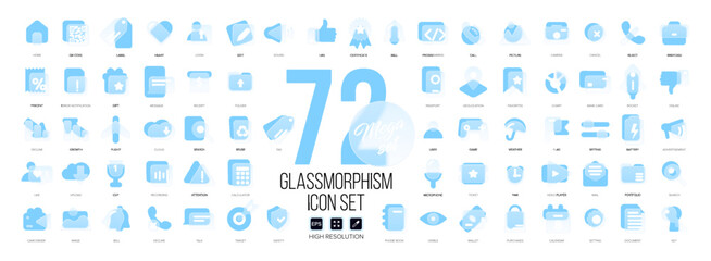 Mega set of vector icons in glass morphism modern trendy style. Blue and transparency glass. 72 icons in a single style of business, finance, UX UI