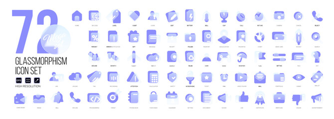Mega set of vector icons in glass morphism modern trendy style. Purple and transparency glass. 72 icons in a single style of business, finance, UX UI