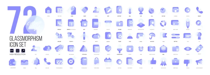 Tapeten Mega set of vector icons in glass morphism modern trendy style. Purple and transparency glass. 72 icons in a single style of business, finance, UX UI © Pro_Vector