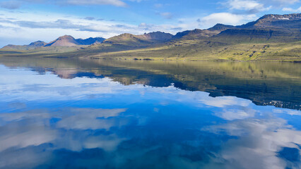 Landscape of the sea at Faskrudsfjord in Iceland
