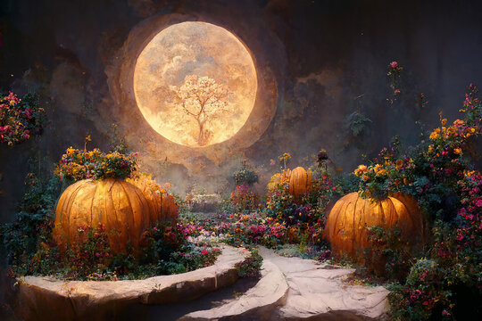 Huge full moon and halloween landscape