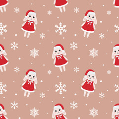 Winter seamless pattern with bunny in dress and snowflakes. Perfect for wrapping paper, greeting cards and seasonal design.