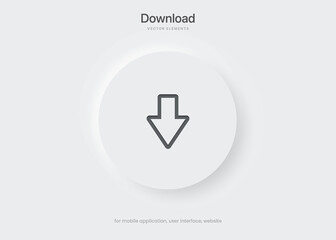 3D download icon button. Upload icon. Down arrow bottom side symbol. Save cloud icon push button.