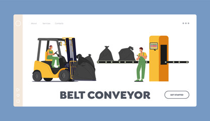 Belt Conveyor Landing Page Template. Wastes Recycling Manufacturing Process. Workers Characters Loading and Sort Trash