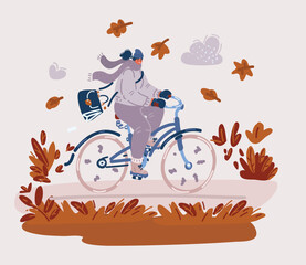 Vector illustration of Young pretty woman riding vintage white bicycle in autumn park. Lady having fun on orange nature fall background.