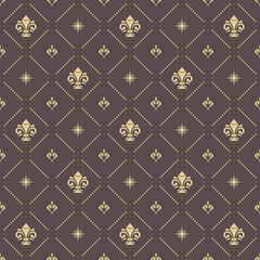 Seamless pattern. Modern geometric ornament with royal lilies. Brown and golden classic vintage background