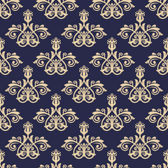 Classic seamless pattern. Dark blue and golden damask orient ornament. Classic vintage background. Orient ornament for fabric, wallpaper and packaging