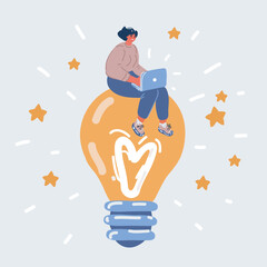 Vector illustration of woman siting on big light bulb