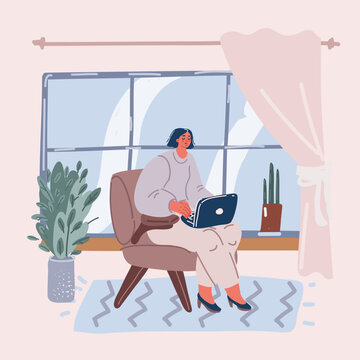 Vector illustration of woman sitting in armchair and using laptop. Lady surfing or working at home. Armchair critic