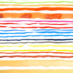 Abstract watercolor lines pattern background. Colorful watercolor painted brush strokes on white. Close-up.