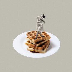Contemporary art collage. Emotive young woman with pie falling down on big waffles with jam. Breakfast preparation