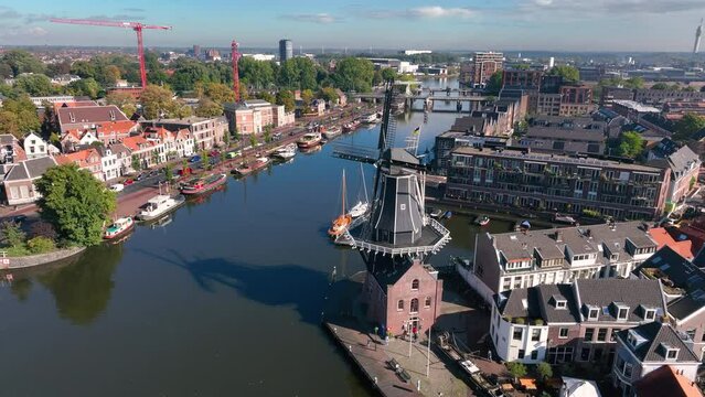 Aerial view on a small town. Haarlem, Netherlands. Filming from the air with a drone in 4K.