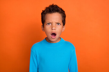 Photo of astonished worried boy dressed blue trendy sweater impressed negative news isolated on orange color background