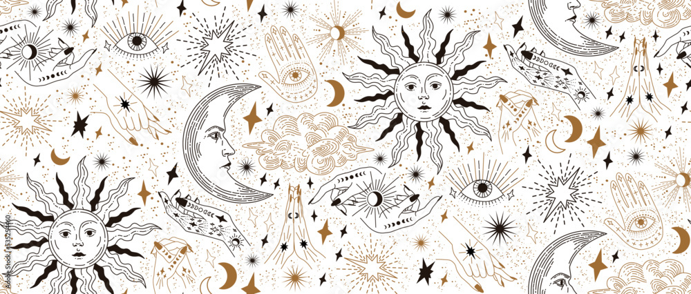 Wall mural seamless pattern with magical elements. set of linear vector illustrations. celestial illustrations 