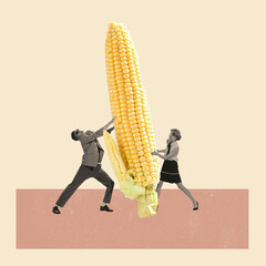 Contemporary art collage. Creative design with young man and woman holding giant corn. Taste of summer