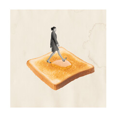 Contemporary art collage. Young woman walking on bread with melted butter. Creative design