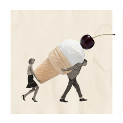 Contemporary art collage. Creative design with young man and woman carrying giant ice cream. Sweet date