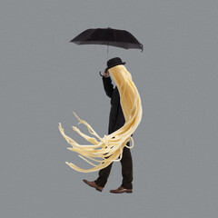 Contemporary art collage. Man in a suit with long noodles hair walking under umbrella. Sadness. Loneliness
