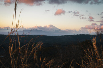 伊豆スカイライン・巣雲山駐車場から望む夕暮れの富士山