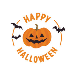 Happy halloween badge with carved pumpkin cartoon illustration. Cute spooky design.