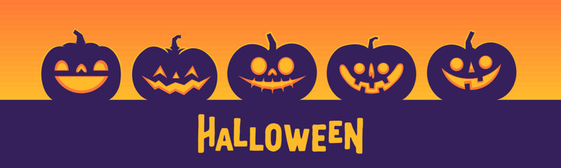 Halloween banner horizontal design with Jack o Lantern carved pumpkins. Simple cartoon spooky design. Trick or treat.
