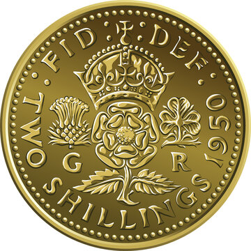 British money gold coin Two shillings, King George VI florin with crowned rose, thistle and shamrock, Rosa Tudor - emblem of England