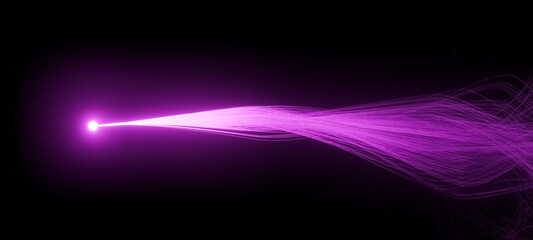 Abstract 3D illustration of purple glowing orb with long curly waving tendrils, science or research concept, neuron cell or synapse visualization on black background - obrazy, fototapety, plakaty